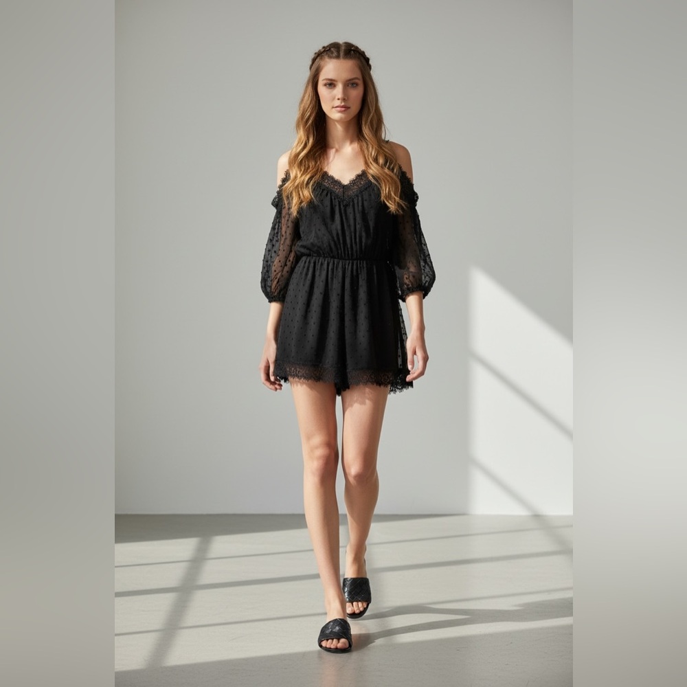 Zimmermann Black Silk Lace Trim Romper V Neck Long Sleeve Size 1 Small - Picture 9 of 13